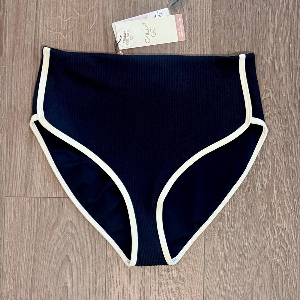 CALIA Tipped High Rise Bikini Bottom Pure Black Cream Ribbed Piping NEW Medium - Picture 2 of 8